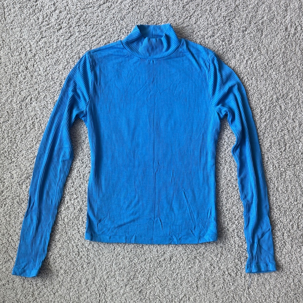 NA-KD Ribbed Long Sleeved Turtle Neck Top in Blue Women’s Size Small